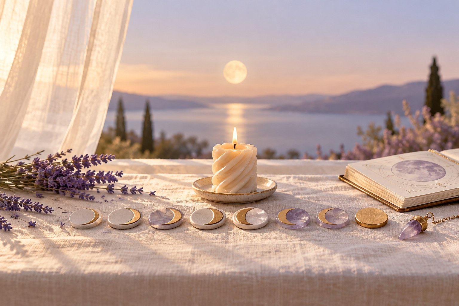 Витая свеча-скрутка, ряд лунных фаз из керамических дисков, тетрадь с кругом Луны и маятник на столе мастера